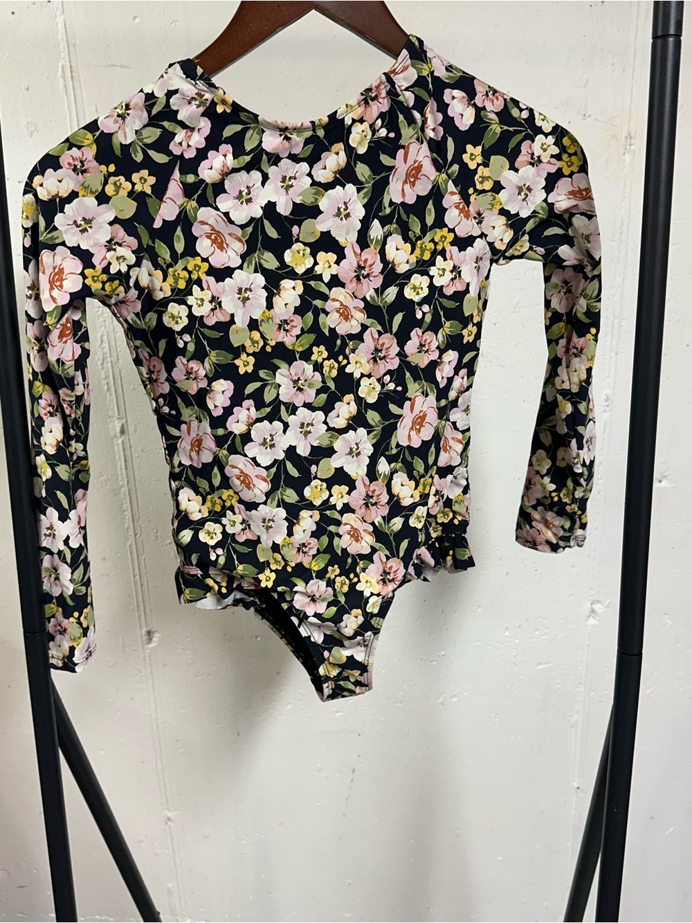 GB girls Black Floral Long-Sleeve One-Piece